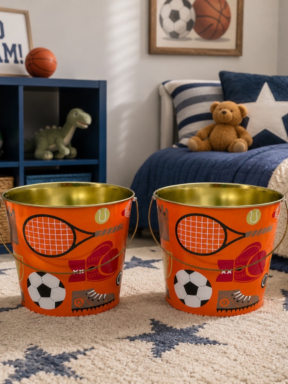 Set of 2 Orange Sports-Themed Metal Buckets